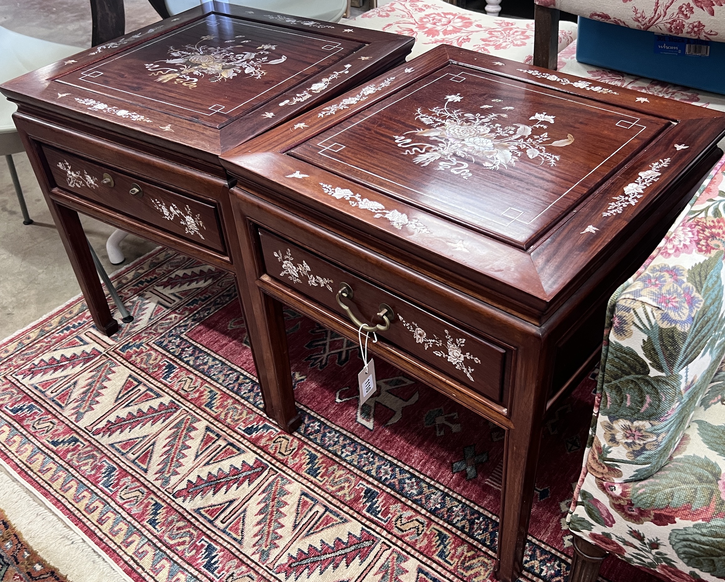 A pair of Chinese mother of pearl inlaid square hardwood occasional tables, width 50cm, height 56cm